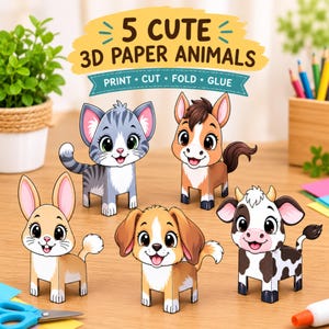 May include: Five 3D paper animals including a gray tabby cat, a brown horse, a tan rabbit, a brown and white puppy, and a black and white cow. The text reads 5 CUTE 3D PAPER ANIMALS and PRINT CUT FOLD GLUE. These figures are crafted from paper.