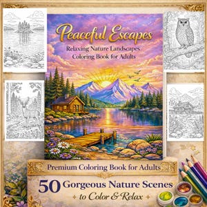 Pu&ograve; includere: Un libro da colorare intitolato "Peaceful Escapes" con il sottotitolo "Relaxing Nature Landscapes Coloring Book for Adults". La copertina presenta una vivace scena paesaggistica con un lago, montagne e un tramonto. Il libro include 50 scene naturali da colorare.