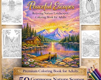 Libro da colorare sulla natura per adulti, 50 rilassanti scene paesaggistiche, PDF stampabile, download immediato