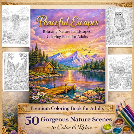 Nature Coloring Book for Adults, 50 Relaxing Landscape Scenes, Printable PDF, Instant Download