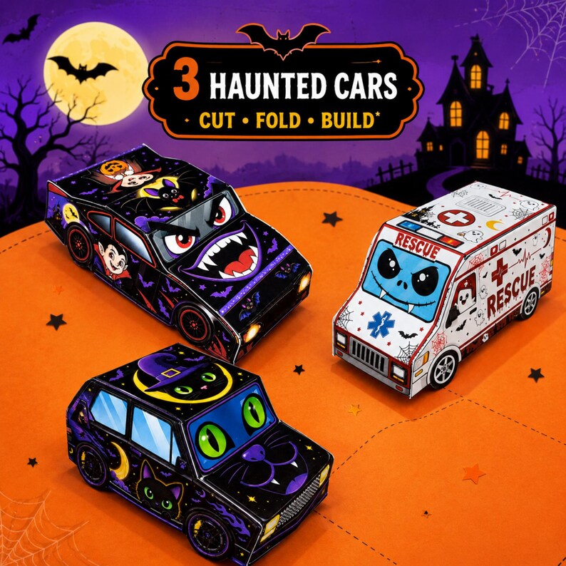 3 Haunted Cars Printable Paper Craft Kit | Cut Fold Build Vehicles ...