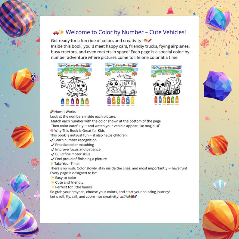 Color by Number Vehicles for Kids, 50 Page Printable Coloring Book ...
