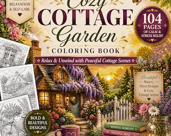 Cottagecore Coloring Book for Adults Printable, Cozy Cottage Scenes, 104 Pages and Stress Relief