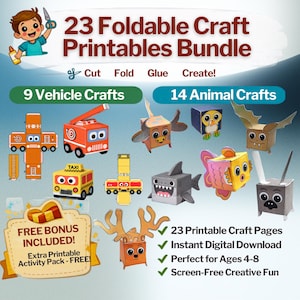 May include: A colorful graphic promoting a 23 Foldable Craft Printables Bundle. The image features papercraft vehicles and animals, including a fire truck, taxi, shark, and owl. Text includes "Cut, Fold, Glue, Create!" and "Free Bonus Included!"