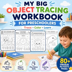 Könnte beinhalten: Ein Arbeitsbuch mit dem Titel My Big Object Tracing Workbook for Preschoolers mit Seiten voller Strichzeichnungen von einem Tiger, Spielzeugauto, einer Uhr und einem Delfin. Das Cover enthält den Text Trace, Color, Learn und 80+ Unique Activity Pages.