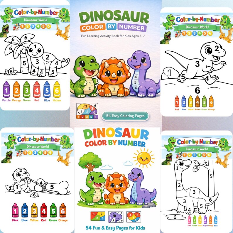 Dinosaur Color by Number Printable Book for Kids, 54 Page Coloring ...