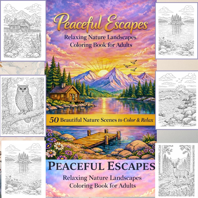 Pu&ograve; includere: Una collezione di libri da colorare per adulti intitolata "Peaceful Escapes", con rilassanti paesaggi naturali. I libri includono disegni a tratteggio dettagliati di scene come baite, laghi, montagne e fauna selvatica.