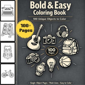 Djärv och enkel målarbok – 100 unika objekt | Enkla avkopplande målarbilder med tjocka linjer
