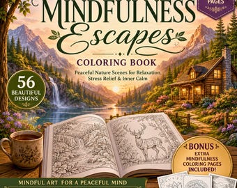 Mindfulness Coloring Pages for Adults Printable PDF , Peaceful Nature Coloring Book, Stress Relief & Relaxation