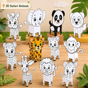 May include: A set of nine 3D paper craft safari animals including a zebra, elephant, panda, bear, leopard, tiger, white tiger, monkey, giraffe, and lion. Each figure features a cartoon design with black outlines on white paper, except for the orange tiger.
