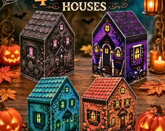 Mallar för Halloween-pappershus | 4 utskrivbara 3D-pappershus | Gör-det-själv-pyssel för barn | Klipp, vik, lim