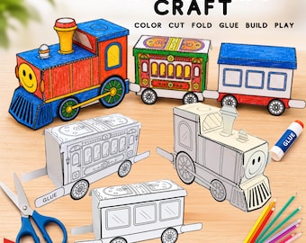 Ausdruckbares 3D-Spielzeugeisenbahn-Papiermodell (PDF) | Malen, Ausschneiden, Falten & Kleben – eine tolle Bastelidee für Kinder