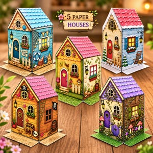 Può includere: Un set di 5 case di carta con design colorati, tra cui una casa sulla spiaggia, un cottage invernale, un rifugio dei pirati, una casa floreale e una casa da giardino. Ogni struttura mostra dettagli intricati come finestre e porte.