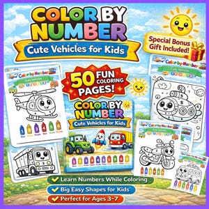 Puede incluir: Un libro de actividades infantiles titulado "Color By Number: Cute Vehicles for Kids." La portada presenta ilustraciones de vehículos y páginas para colorear. Incluye 50 páginas para colorear divertidas, formas grandes, para niños de 3-7 años.