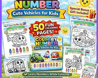 Color by Number Vehicles for Kids, 50 Page Printable Coloring Book ...