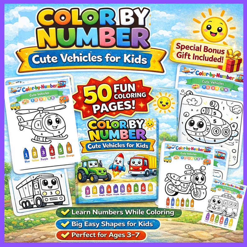 Color by Number Vehicles for Kids, 50 Page Printable Coloring Book ...