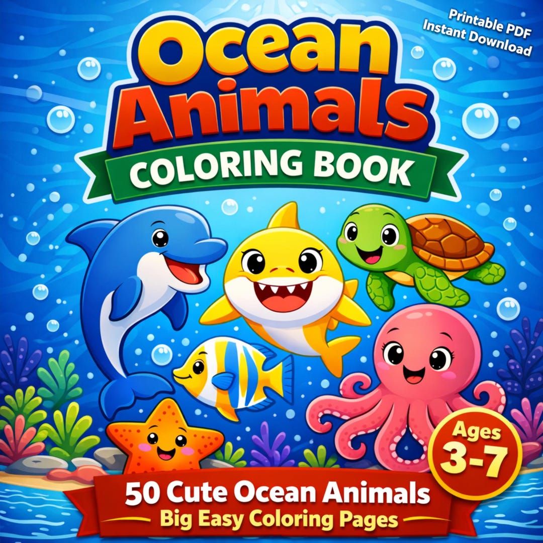 Ocean Animals Coloring Book for Kids Printable PDF 50 Sea Creatures Big ...
