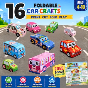 May include: A set of 16 foldable paper car crafts featuring colorful cartoon vehicles with faces. The collection includes a blue ice cream truck, a red flame car, a pink bus, and various small cars in green, pink, and blue. Includes a bonus color by number activity sheet.