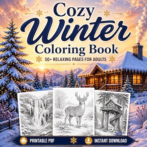 Pode incluir: Um livro de colorir intitulado Cozy Winter Coloring Book com mais de 50 páginas relaxantes para adultos. A capa mostra uma cabana nevada e pinheiros ao pôr do sol, com três ilustrações em preto e branco de uma cascata, um veado e uma casa na árvore.