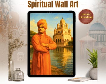 Swami Vivekananda-muurkunst afdrukbare, spirituele poster, meditatie yoga kamer decor, Belur-wiskundetempel