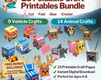 May include: A 23 Foldable Craft Printables Bundle featuring 9 vehicle crafts and 14 animal crafts. The collection includes paper models of cars, boats, a shark, a bat, and other creatures, with text reading 23 Foldable Craft Printables Bundle.