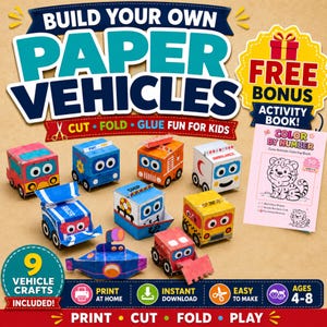 Op de afbeelding: Een set van negen papieren voertuigen om te knutselen, waaronder een blauwe raceauto, een gele taxi, een rode bulldozer, een onderzeeër en een ambulance. De set bevat de tekst BUILD YOUR OWN PAPER VEHICLES en een gratis kleurboek als bonus.