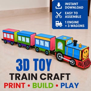 Può includere: Un trenino giocattolo 3D da costruire composto da una locomotiva e tre vagoni. La locomotiva presenta una faccina gialla sorridente, un corpo blu e verde e un paraurti rosso. I vagoni sono rossi, verdi e blu. Testo: 3D TOY TRAIN CRAFT.