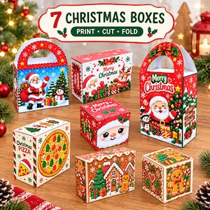 May include: Seven Christmas boxes featuring festive designs including Santa Claus, snowmen, gingerbread figures, and a pizza graphic. The boxes display text such as Merry Christmas and Christmas Pizza, with instructions to print, cut, and fold.