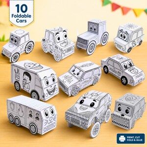 May include: A set of 10 white paper foldable cars with black line art designs for coloring. The collection includes various vehicle types like a police car, a truck with a cupcake graphic, and a fire engine, all featuring cartoonish eyes.