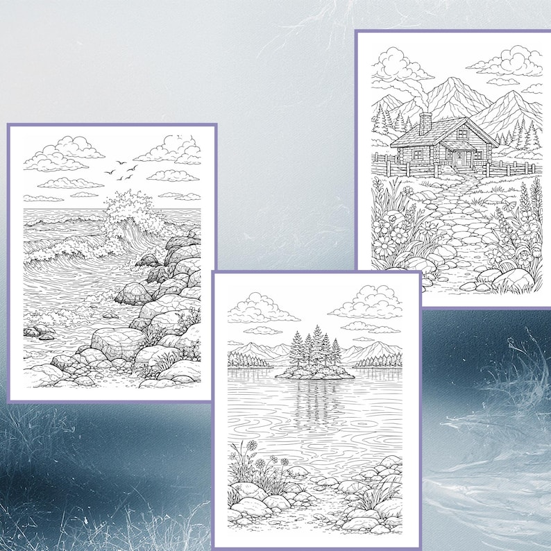 Pu&ograve; includere: Tre pagine da colorare in bianco e nero con scene naturali. Una raffigura le onde dell'oceano che si infrangono su una costa rocciosa, un'altra mostra una baita in montagna e la terza un lago con un'isola.