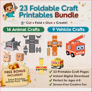 23 vikbara pysselutskriftspaket för barn, klipp och limma 3D-djur och fordon