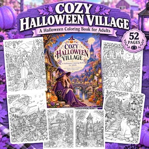 May include: A coloring book titled Cozy Halloween Village featuring 52 pages of illustrations. The cover displays a witch in a purple robe with a black cat and pumpkins. Several black and white line art pages show scenes of witches, cats, and village settings.