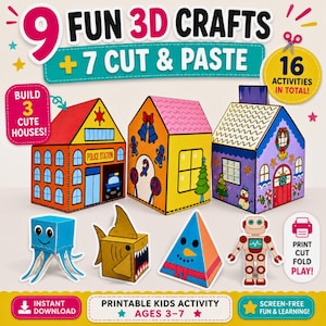 Könnte beinhalten: Ein farbenfrohes, druckbares Kinderaktivitätspaket mit 9 lustigen 3D-Bastelarbeiten und 7 Ausschneide- und Klebeprojekten. Das Bild zeigt Papierhäuser, einen Hai, einen Roboter und andere Formen. Text enthält "Druckbare Kinderaktivität Alter 3-7".