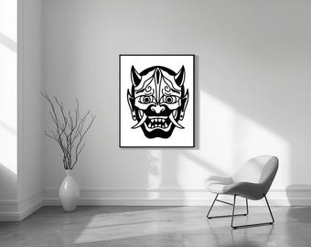Japanische Oni Maske Tattoo Design - Dämone Gesicht Wandkunst, Samurai Oni Maske Druck, Mythische Yokai Illustration, Japan Stammes Dekor
