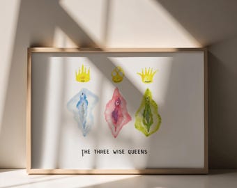 Illustration aquarelle de 3 vulves - Art féministe - Empowerment - Affiche féministe - Décoration murale - Queens