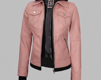 Chaqueta de cuero estilo motero rosa para mujer de Tralee con aberturas para los pulgares y bolsillos extraíbles.