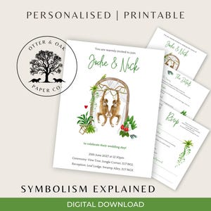 Puede incluir: Un conjunto de invitaciones de boda personalizadas con un tema de jungla. La invitación principal presenta dos monos y los nombres "Jodie & Nick". Las tarjetas adicionales incluyen detalles e información de RSVP. El diseño está etiquetado como "Personalizado | Imprimible".