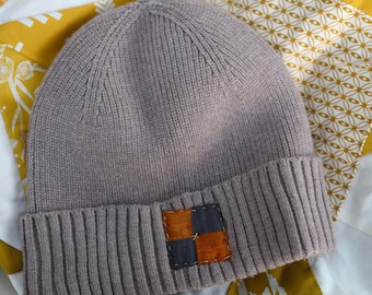 Patchwork Beanie: Mini Square Design, Metallic Stitch Detail