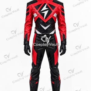 May include: A full-body cosplay costume featuring a red and black jacket with a white lightning bolt emblem on the chest, matching red and black trousers, black gloves, and black boots, displayed on a white mannequin head and torso form.