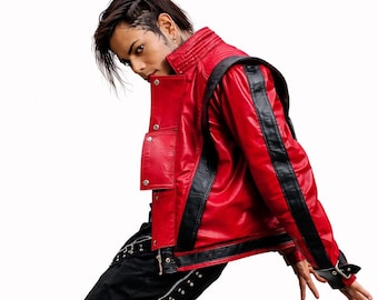 Costume d'Halloween inspiré des années 80 : Manteau vintage inspiré du remake de Thriller par Michael Jackson | Veste en cuir véritable rouge pour homme | Idée cadeau cosplay