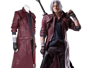 Dante Cosplay Coat | Maroon Leather Trench Coat | Devil May Cry Handmade Costume | DMC Devil Hunter Gift for Gamers