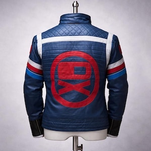 May include: Blue leather jacket with a quilted back and a red and white graphic. The jacket features white stripes across the shoulders and red and blue stripes on the sleeves. Black cuffs complete the design.