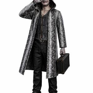 May include: A figure wearing a hooded, grey and black snakeskin-patterned long coat over a dark vest with toggle closures and black trousers. The figure has pale, textured skin, wears circular goggles, and carries a small, rectangular black briefcase.