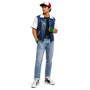 May include: A red and white baseball cap, a white short-sleeve shirt, a dark blue vest with yellow accents, a black t-shirt, light blue denim jeans, and green fingerless gloves. The outfit is completed with white sneakers featuring black details.