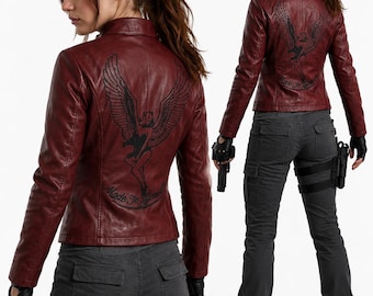RE9 Cosplay Costume Biker Jacket | Resident Evil 2 Claire Redfield Red Moto Leather Jacket |  Gaming Costume Outfit for Halloween