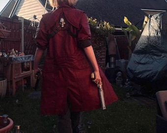 Gabardina de cuero granate Dante, hecha a mano para cosplay de cazador de demonios, Devil May Cry