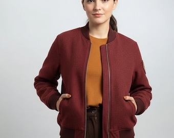 Chaqueta bomber de lana color granate para mujer con parche bordado POWER, abrigo universitario burdeos