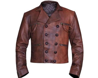 Mens Brown Distressed Leather Double Breasted Jacket Vintage Gaming Inspired Casual Fit