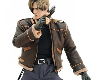 Leon Kennedy Jacket Resident Evil 4 Remake Brown Leather Shearling Jacket RE4 Cosplay Costume Winter Coat Gamer Gift for Hallowee Costumes