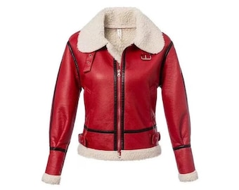 Chaqueta de aviador de piel de oveja roja / Abrigo bomber de piel de cordero